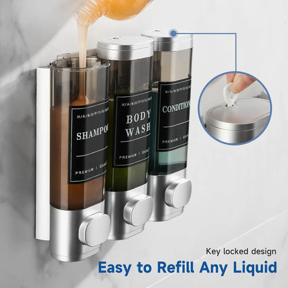 Zoronk 3-Chamber Luxury Shower Dispenser - No Drill Wall-Mounted Transparent Bathroom Organizer for Shampoo, Conditioner & Soap - Hotel-Grade Large Capacity, Silver Home Goods Bottles