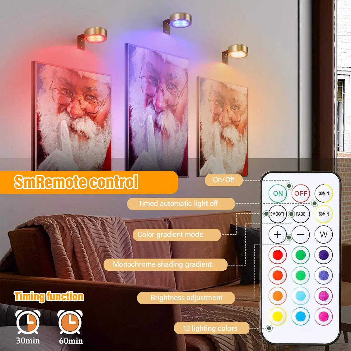 3Pcs Battery Operated Picture Light, Magnetic Led Painting Light with Remote Dimmable and Timer, 3 Lighting Modes And13 RGB Colors Art Display Light for Picture Frame Paintings, Wireless Wall Decor Puck Lights, Gold