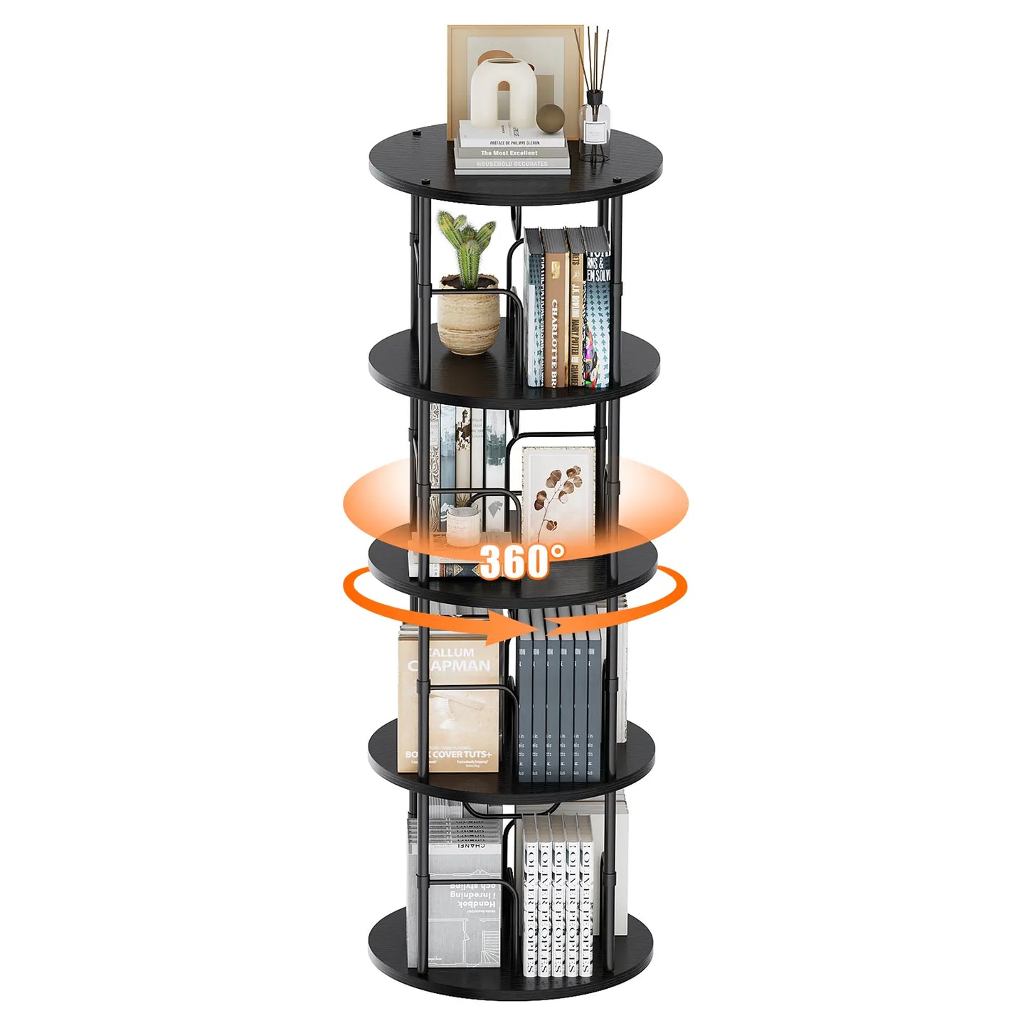 Flycity Rotating Bookshelf 3-5 Tier Spinning Bookshelf Tower 360° Display Unique round Bookcase for Home Study and Office Organization Furniture Stand Monitor Riser