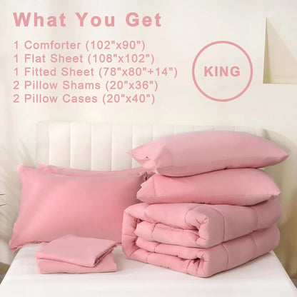【Summer Wins】Downcool 7Pcs Comforter Sets, Multi-Color Bedding Sets , All Season down Alternative Bedding Comforter Sets with Comforter, Flat Sheet, Fitted Sheet, 2 Pillow Shams & 2 Pillowcases, Pink Bedroom Accessories#Tiktokshopmemorialday
