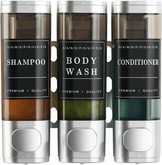 Zoronk 3-Chamber Luxury Shower Dispenser - No Drill Wall-Mounted Transparent Bathroom Organizer for Shampoo, Conditioner & Soap - Hotel-Grade Large Capacity, Silver Home Goods Bottles