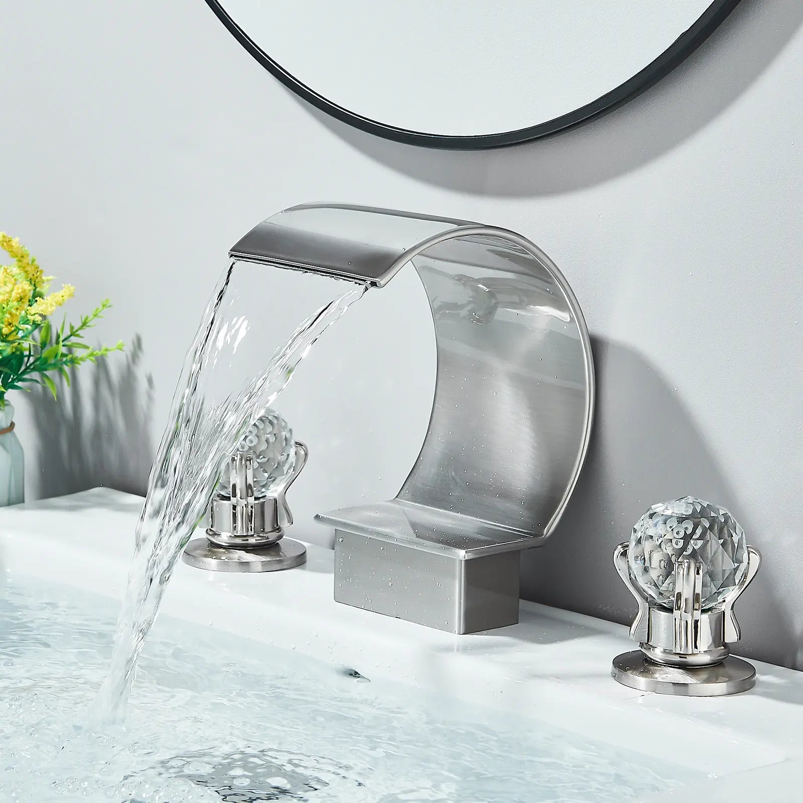 Matte Black Waterfall Bathroom Faucet for Sink 3 Hole 8 Inch Widespread Bathroom Sink Faucets with Supply Lines Stainless Steel 2-Handle Bathroom Sink Faucet Suitable for Vanity Rv Commercial Lavatory Restroom