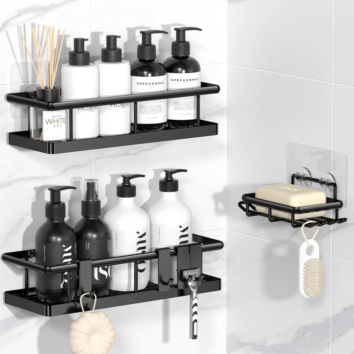 Black Wall-Mounted Metal Shower Holder Shelves, 3/5-Pack Multi-Size No-Drill Shower Organizer, Lightweight Rustproof Modern Caddy with Removable Hooks, Father’S Day Gift