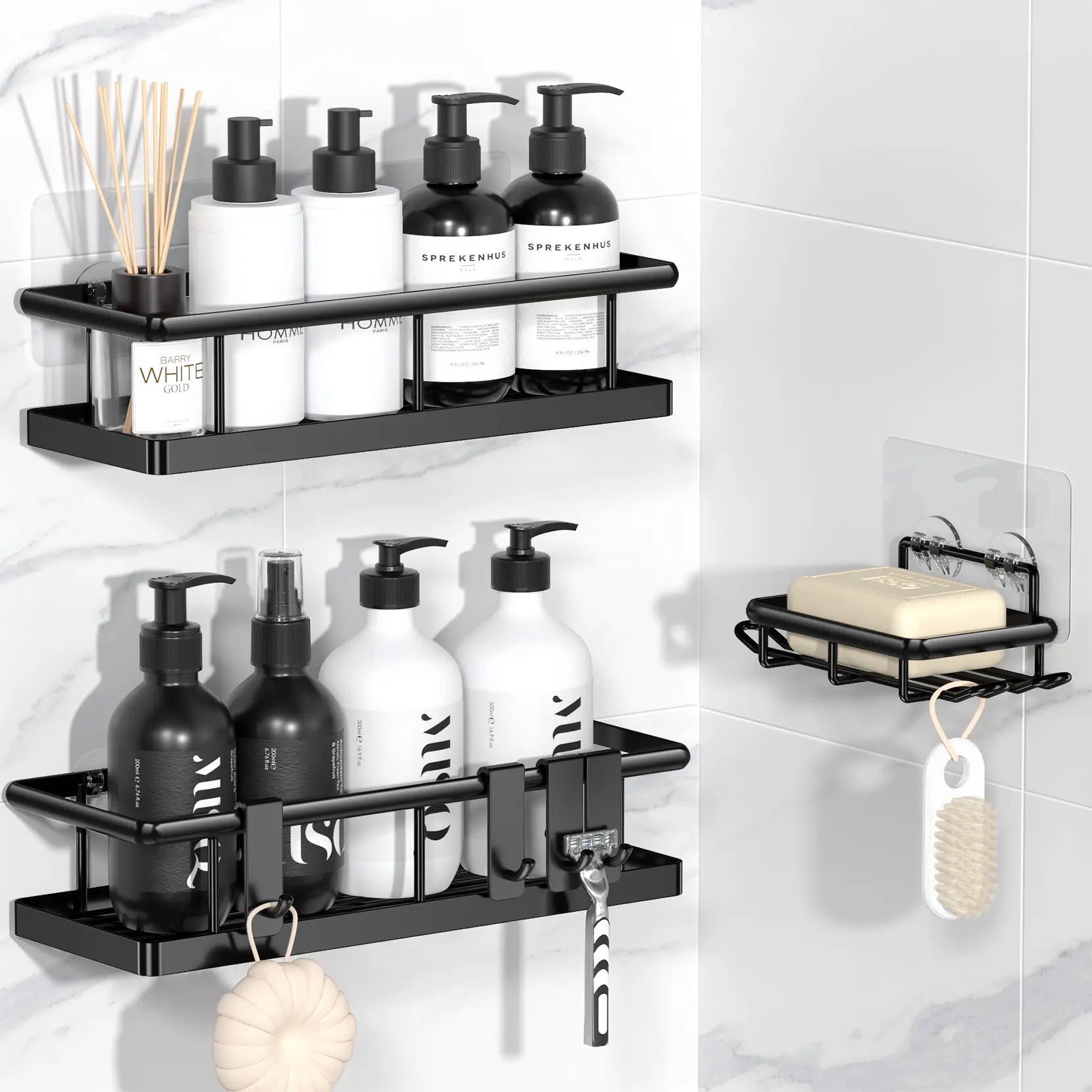Black Wall-Mounted Metal Shower Holder Shelves, 3/5-Pack Multi-Size No-Drill Shower Organizer, Lightweight Rustproof Modern Caddy with Removable Hooks, Father’S Day Gift