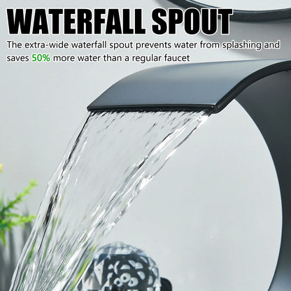 Matte Black Waterfall Bathroom Faucet for Sink 3 Hole 8 Inch Widespread Bathroom Sink Faucets with Supply Lines Stainless Steel 2-Handle Bathroom Sink Faucet Suitable for Vanity Rv Commercial Lavatory Restroom