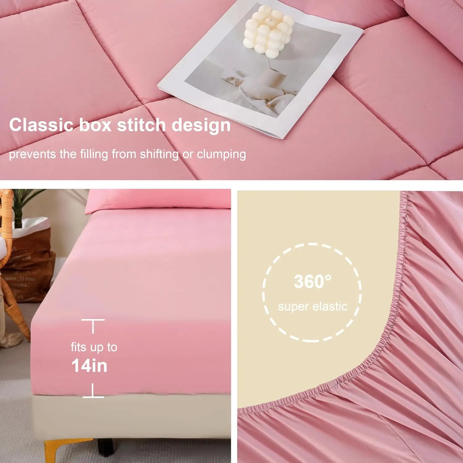 【Summer Wins】Downcool 7Pcs Comforter Sets, Multi-Color Bedding Sets , All Season down Alternative Bedding Comforter Sets with Comforter, Flat Sheet, Fitted Sheet, 2 Pillow Shams & 2 Pillowcases, Pink Bedroom Accessories#Tiktokshopmemorialday