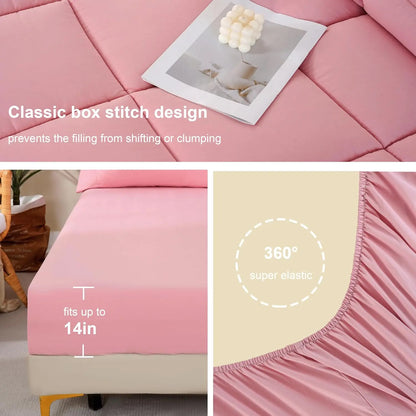 【Summer Wins】Downcool 7Pcs Comforter Sets, Multi-Color Bedding Sets , All Season down Alternative Bedding Comforter Sets with Comforter, Flat Sheet, Fitted Sheet, 2 Pillow Shams & 2 Pillowcases, Pink Bedroom Accessories#Tiktokshopmemorialday