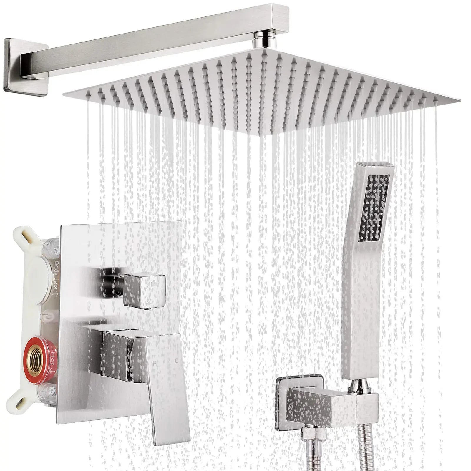 Black Shower Faucet Set Square Rainfall Shower Head and Handle Set Wall Mounted Shower Fixtures Bathroom Shower System Combo with Shower Valve