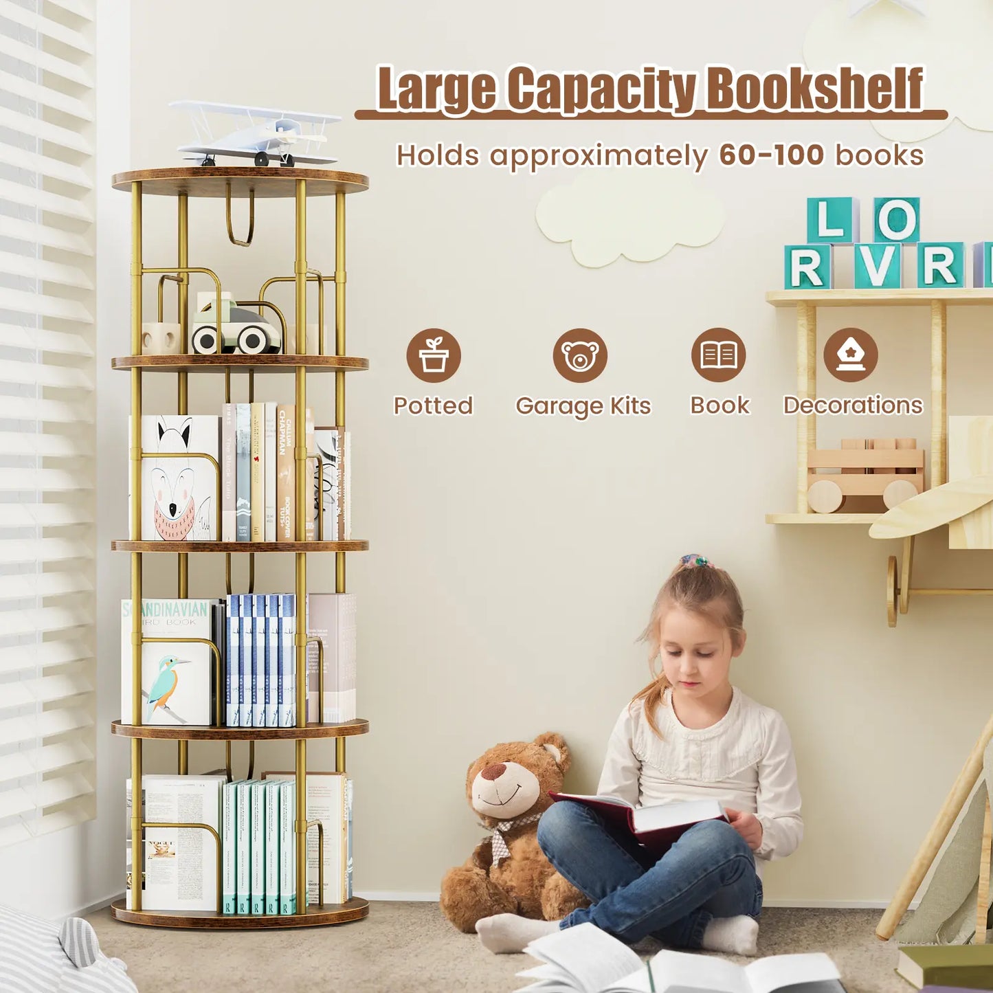 Flycity Rotating Bookshelf 3-5 Tier Spinning Bookshelf Tower 360° Display Unique round Bookcase for Home Study and Office Organization Furniture Stand Monitor Riser
