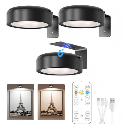 3-Pack 2000Mah Wireless Puck LED Lights - Magnetic, Rechargeable with Remote, Warm Dimmable Picture Frame Lights for Art Frames, Room Decor, Home Accessories, House & Apartment Decor