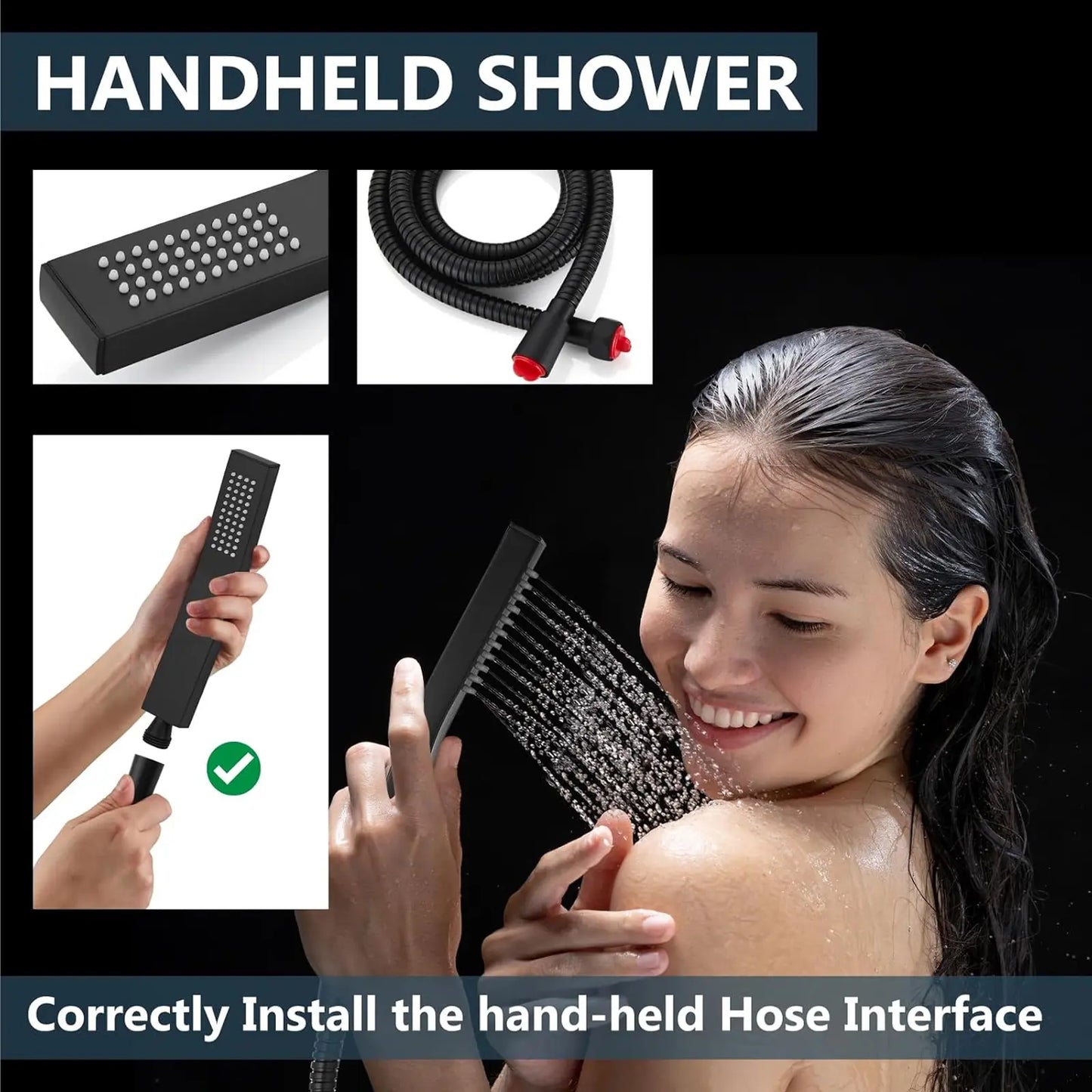 Black Shower Faucet Set Square Rainfall Shower Head and Handle Set Wall Mounted Shower Fixtures Bathroom Shower System Combo with Shower Valve