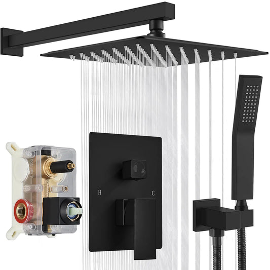 Black Shower Faucet Set Square Rainfall Shower Head and Handle Set Wall Mounted Shower Fixtures Bathroom Shower System Combo with Shower Valve