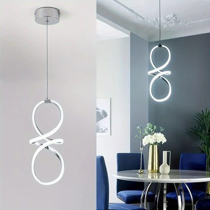 Modern LED Pendant Light, Adjustable Height Twisted 8-Shape, Suitable for Kitchen Island, Dining Room, Bedroom, Chrome Finish, LED Lighting
