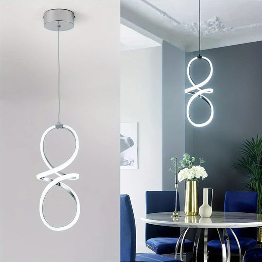 Modern LED Pendant Light, Adjustable Height Twisted 8-Shape, Suitable for Kitchen Island, Dining Room, Bedroom, Chrome Finish, LED Lighting