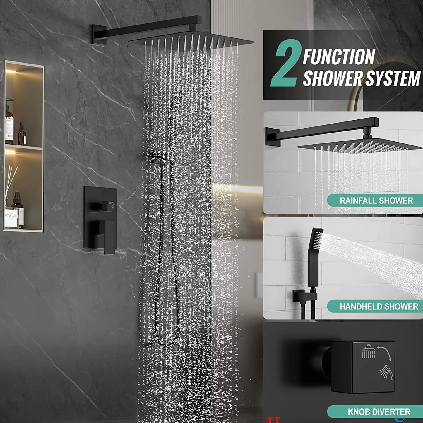 Black Shower Faucet Set Square Rainfall Shower Head and Handle Set Wall Mounted Shower Fixtures Bathroom Shower System Combo with Shower Valve