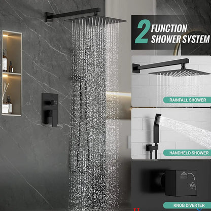 Black Shower Faucet Set Square Rainfall Shower Head and Handle Set Wall Mounted Shower Fixtures Bathroom Shower System Combo with Shower Valve
