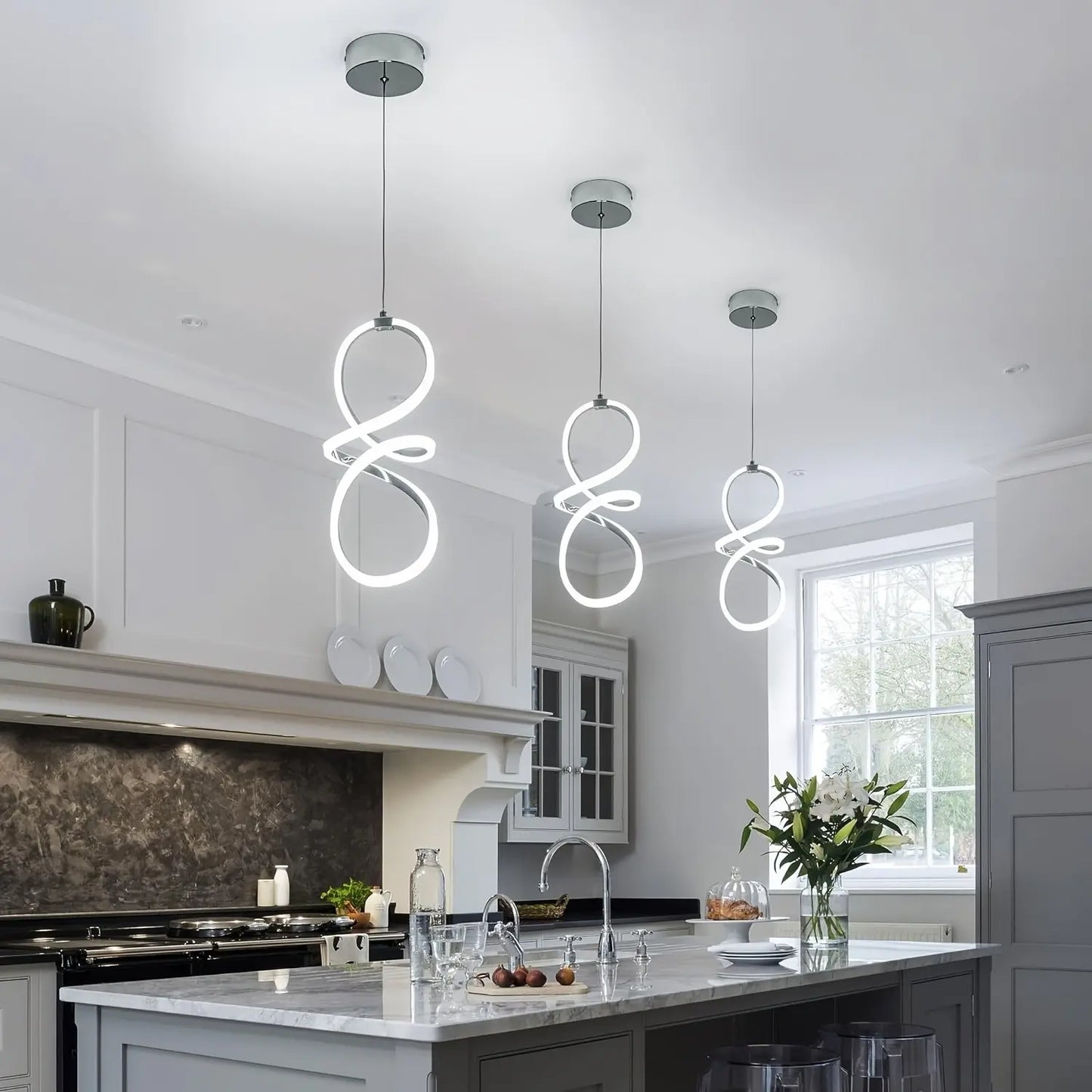 Modern LED Pendant Light, Adjustable Height Twisted 8-Shape, Suitable for Kitchen Island, Dining Room, Bedroom, Chrome Finish, LED Lighting