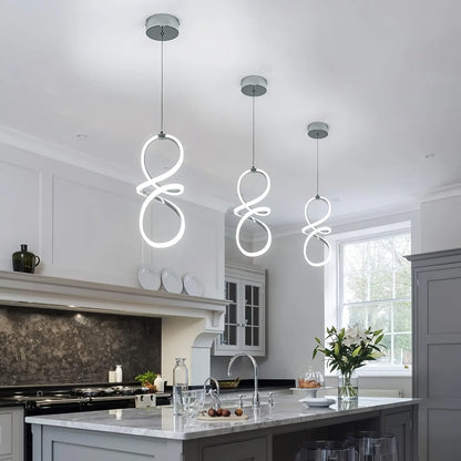 Modern LED Pendant Light, Adjustable Height Twisted 8-Shape, Suitable for Kitchen Island, Dining Room, Bedroom, Chrome Finish, LED Lighting