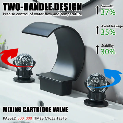 Matte Black Waterfall Bathroom Faucet for Sink 3 Hole 8 Inch Widespread Bathroom Sink Faucets with Supply Lines Stainless Steel 2-Handle Bathroom Sink Faucet Suitable for Vanity Rv Commercial Lavatory Restroom