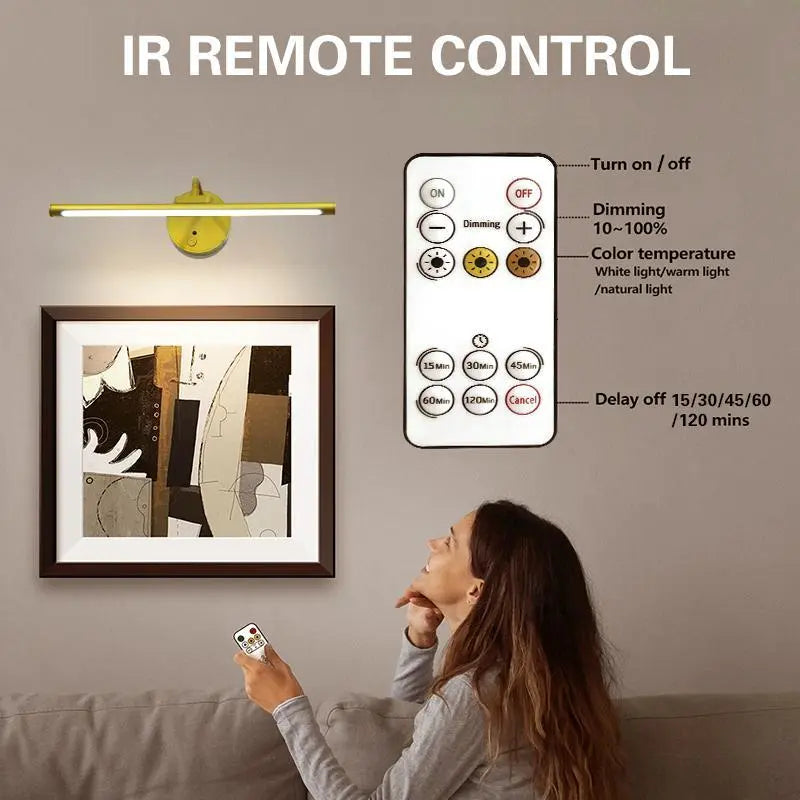 1Pc Adjustable Dimmable Picture Light with Remote Control and Timer, Gold, USB Rechargeable Wall Light, Indoor Lighting, Home Decoration Lamp for Gallery Art, Paintings, Portraits