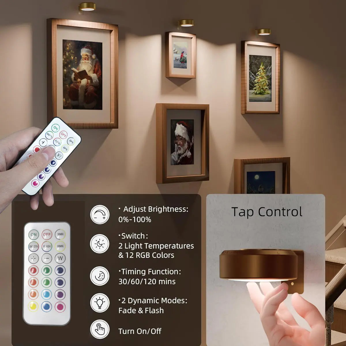 3Pcs Battery Operated Picture Light, Magnetic Led Painting Light with Remote Dimmable and Timer, 3 Lighting Modes And13 RGB Colors Art Display Light for Picture Frame Paintings, Wireless Wall Decor Puck Lights, Gold