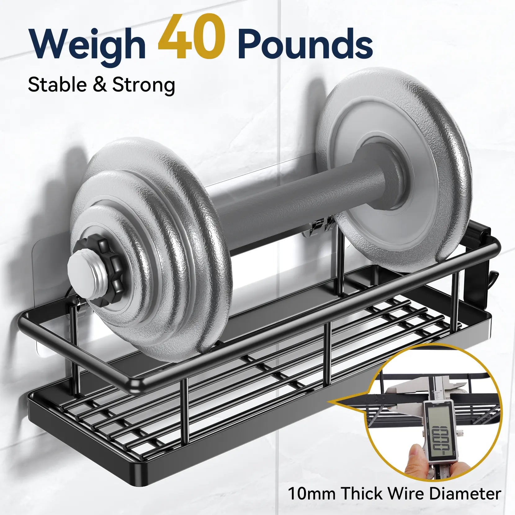 Black Wall-Mounted Metal Shower Holder Shelves, 3/5-Pack Multi-Size No-Drill Shower Organizer, Lightweight Rustproof Modern Caddy with Removable Hooks, Father’S Day Gift