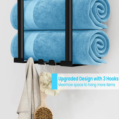 Bathroom Towel Storage Rack, Metal Towel Racks Wall Mounted Can Holds 5 Large Towels, 30.5IN Bathroom Towel Holder with Shelf & Storage Basket, Bathroom Towel Organizer with 3 Hooks, Black