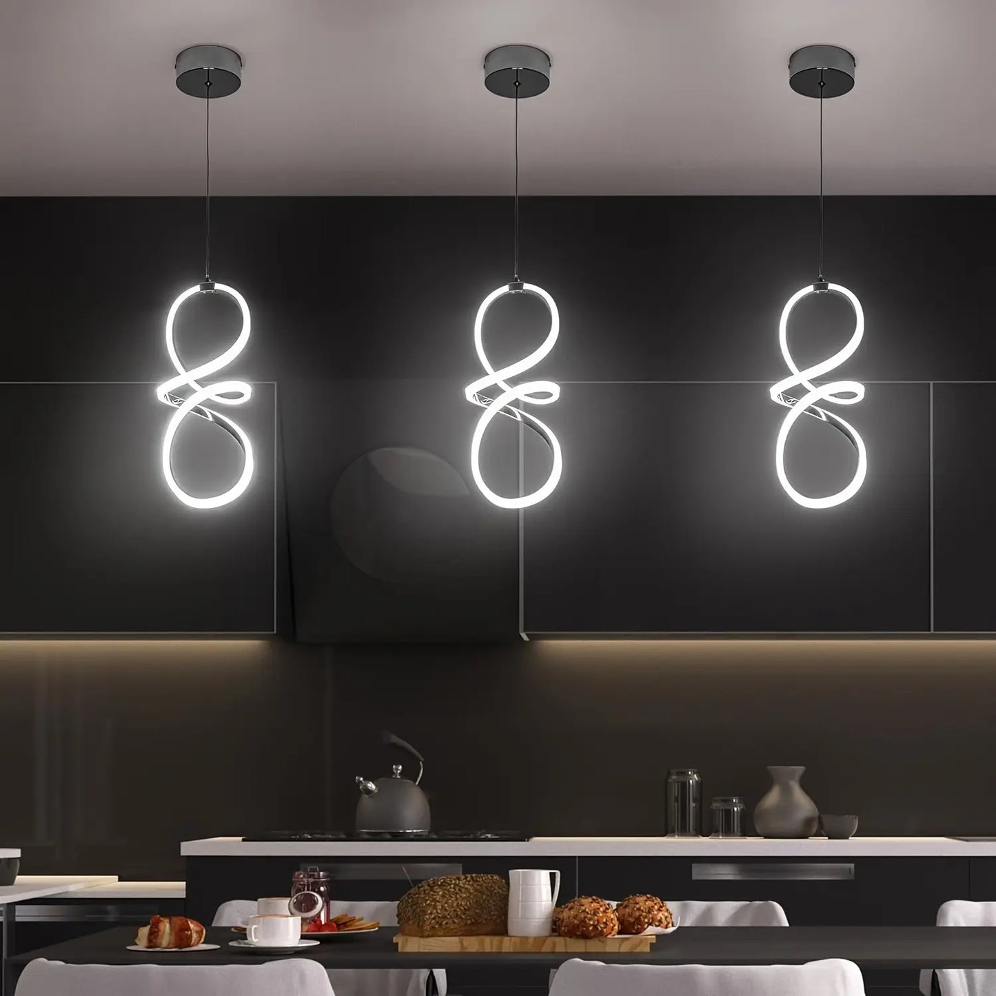 Modern LED Pendant Light, Adjustable Height Twisted 8-Shape, Suitable for Kitchen Island, Dining Room, Bedroom, Chrome Finish, LED Lighting
