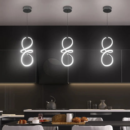 Modern LED Pendant Light, Adjustable Height Twisted 8-Shape, Suitable for Kitchen Island, Dining Room, Bedroom, Chrome Finish, LED Lighting