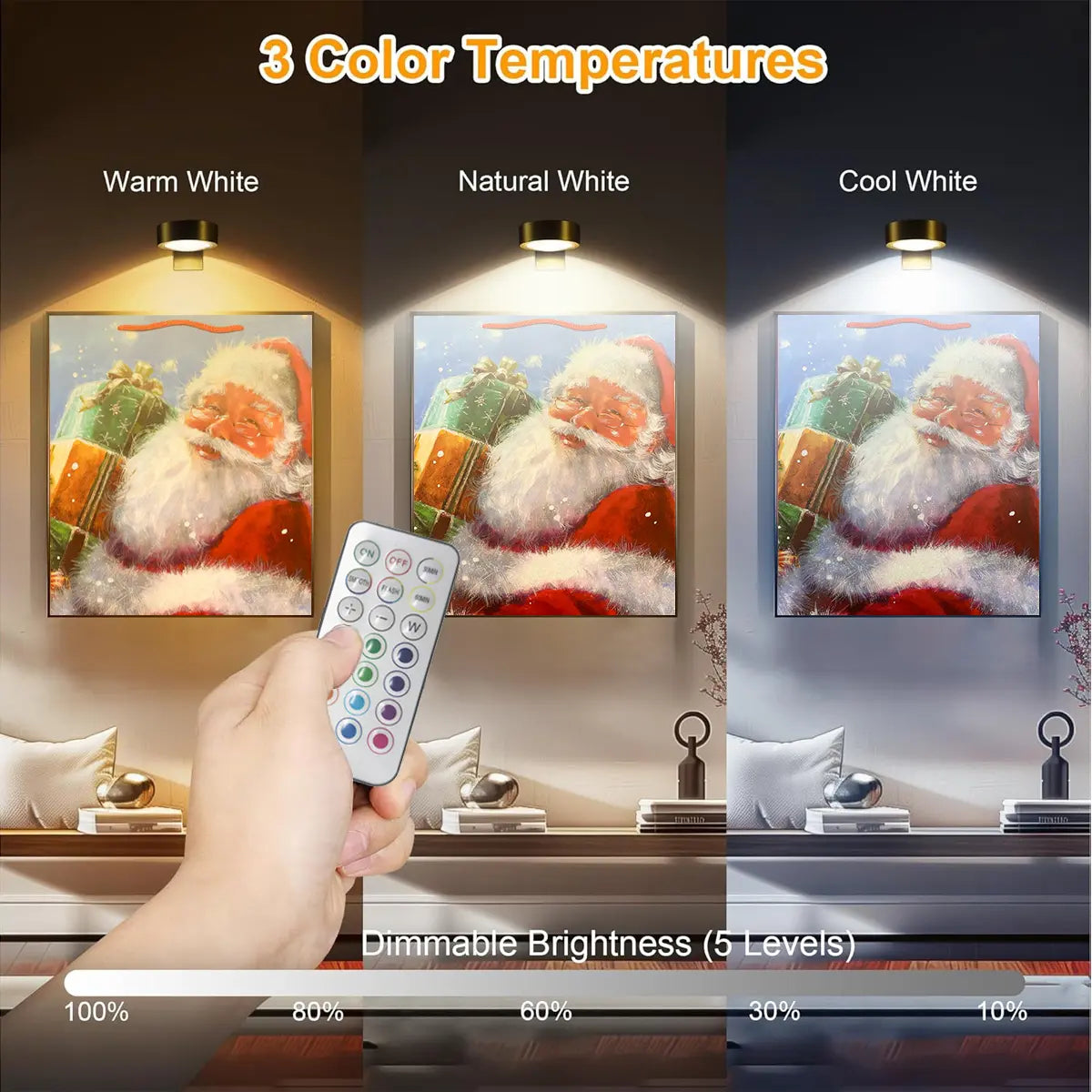 3Pcs Battery Operated Picture Light, Magnetic Led Painting Light with Remote Dimmable and Timer, 3 Lighting Modes And13 RGB Colors Art Display Light for Picture Frame Paintings, Wireless Wall Decor Puck Lights, Gold