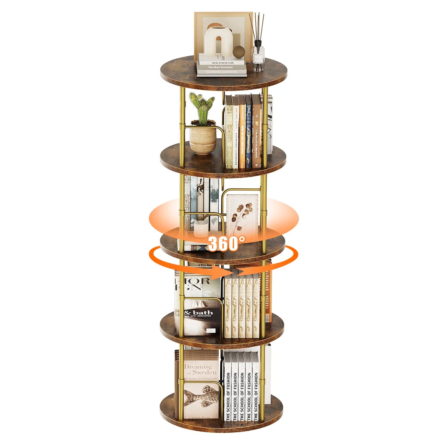 Flycity Rotating Bookshelf 3-5 Tier Spinning Bookshelf Tower 360° Display Unique round Bookcase for Home Study and Office Organization Furniture Stand Monitor Riser