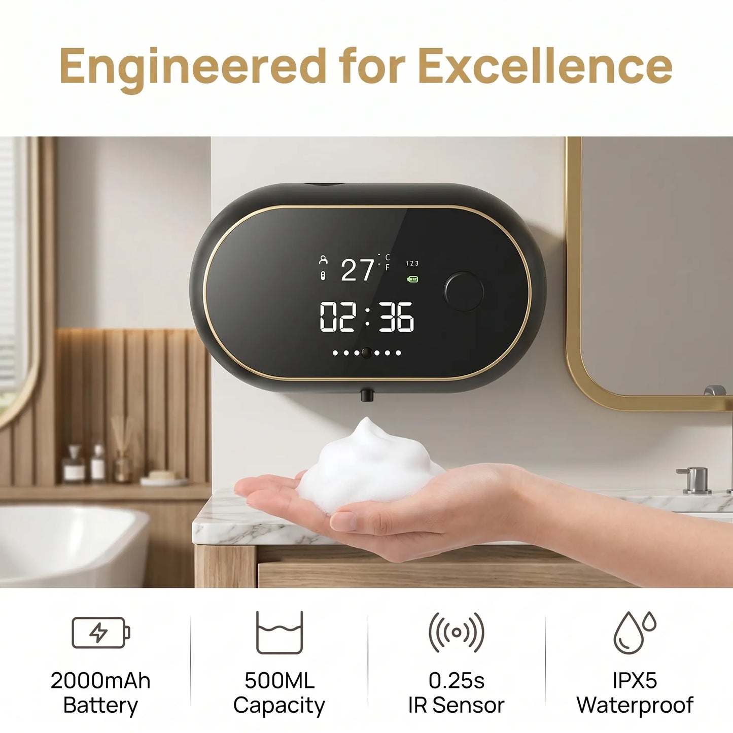 Automatic Soap Dispenser, 500ML Touchless Foaming Soap Dispenser, 3 Adjustable Levels, USB Rechargeable Wall Mounted Electric Soap Dispenser with Infrared Sensor, LED Display, IPX5 Waterproof for Bathroom Kitchen Hotel Commercial (Black)#Summervibes