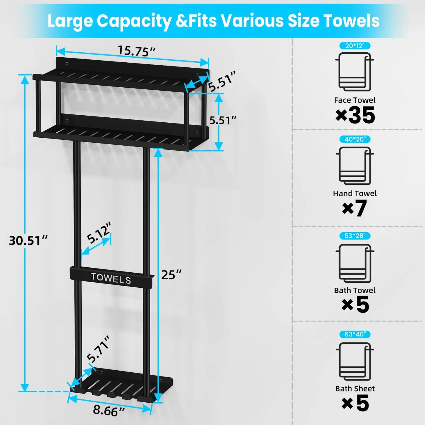 Bathroom Towel Storage Rack, Metal Towel Racks Wall Mounted Can Holds 5 Large Towels, 30.5IN Bathroom Towel Holder with Shelf & Storage Basket, Bathroom Towel Organizer with 3 Hooks, Black