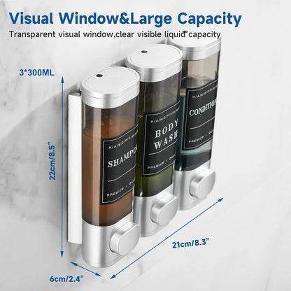 Zoronk 3-Chamber Luxury Shower Dispenser - No Drill Wall-Mounted Transparent Bathroom Organizer for Shampoo, Conditioner & Soap - Hotel-Grade Large Capacity, Silver Home Goods Bottles