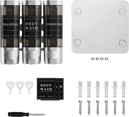 Zoronk 3-Chamber Luxury Shower Dispenser - No Drill Wall-Mounted Transparent Bathroom Organizer for Shampoo, Conditioner & Soap - Hotel-Grade Large Capacity, Silver Home Goods Bottles