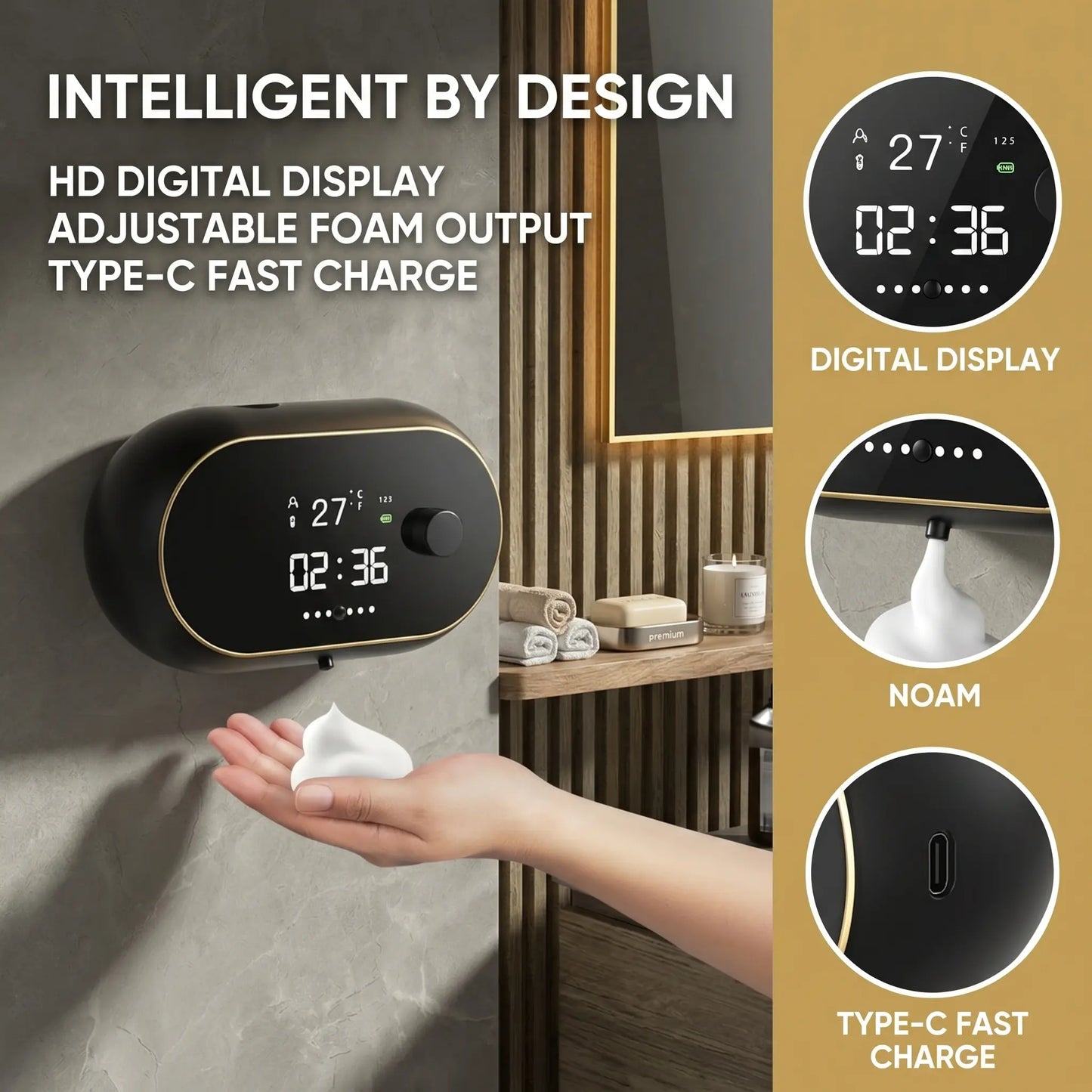 Automatic Soap Dispenser, 500ML Touchless Foaming Soap Dispenser, 3 Adjustable Levels, USB Rechargeable Wall Mounted Electric Soap Dispenser with Infrared Sensor, LED Display, IPX5 Waterproof for Bathroom Kitchen Hotel Commercial (Black)#Summervibes