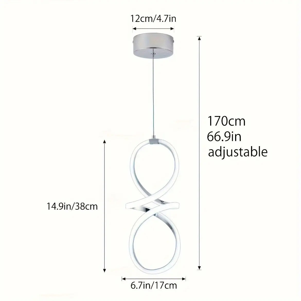 Modern LED Pendant Light, Adjustable Height Twisted 8-Shape, Suitable for Kitchen Island, Dining Room, Bedroom, Chrome Finish, LED Lighting