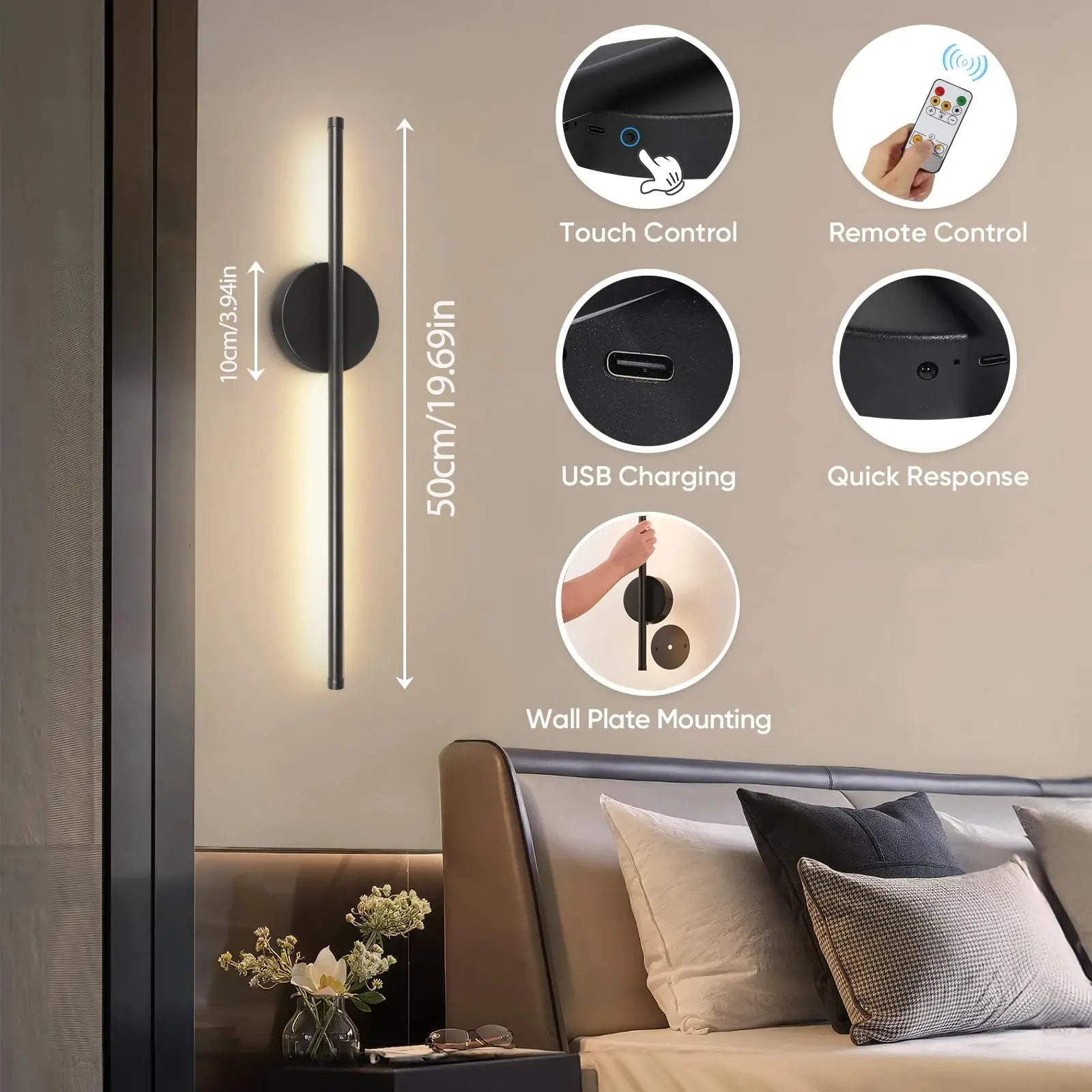 Modern LED Rechargeable Wall Light, 50Cm Line Design, Wire-Free Adhesive Magnetic Installation, Dimmable Remote Control, Bedroom Living Room Decor, Magnetic Dimmable Lights, Dimmable Wall Lamp, Home Decoration Lamp, Indoor Lighting