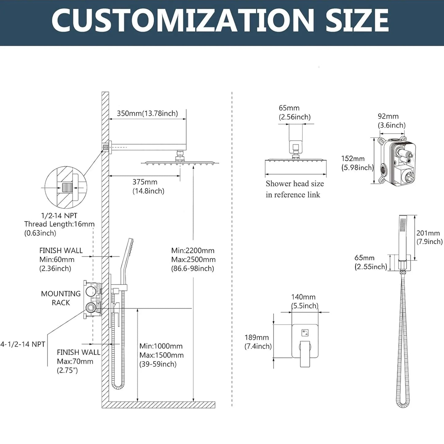 Black Shower Faucet Set Square Rainfall Shower Head and Handle Set Wall Mounted Shower Fixtures Bathroom Shower System Combo with Shower Valve
