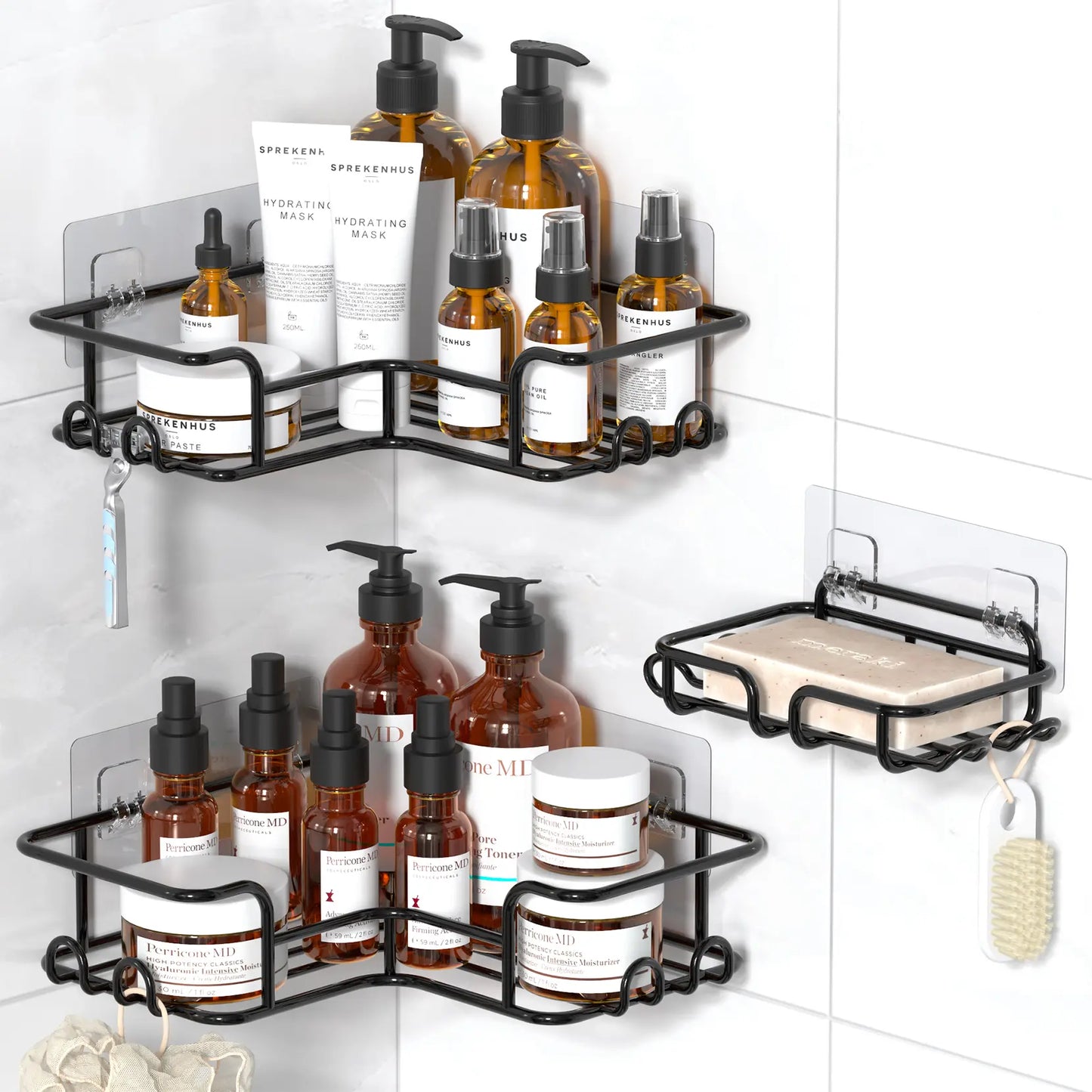 Black Wall-Mounted Metal Shower Holder Shelves, 3/5-Pack Multi-Size No-Drill Shower Organizer, Lightweight Rustproof Modern Caddy with Removable Hooks, Father’S Day Gift