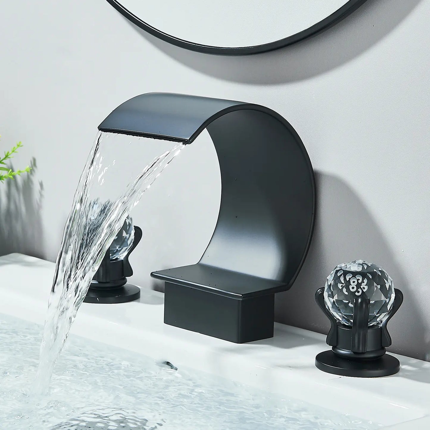 Matte Black Waterfall Bathroom Faucet for Sink 3 Hole 8 Inch Widespread Bathroom Sink Faucets with Supply Lines Stainless Steel 2-Handle Bathroom Sink Faucet Suitable for Vanity Rv Commercial Lavatory Restroom