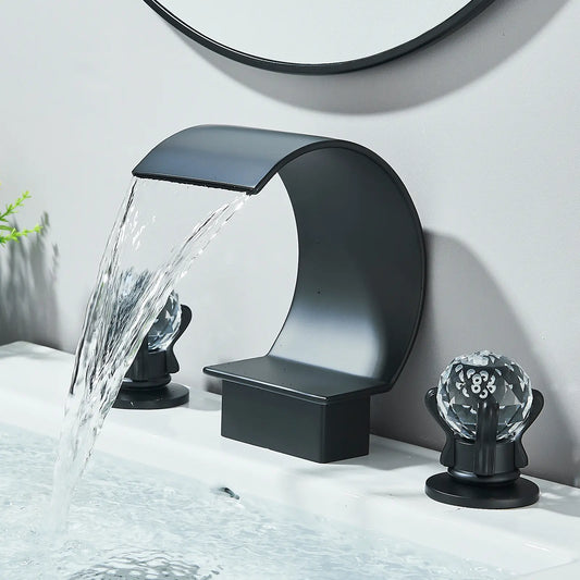 Matte Black Waterfall Bathroom Faucet for Sink 3 Hole 8 Inch Widespread Bathroom Sink Faucets with Supply Lines Stainless Steel 2-Handle Bathroom Sink Faucet Suitable for Vanity Rv Commercial Lavatory Restroom