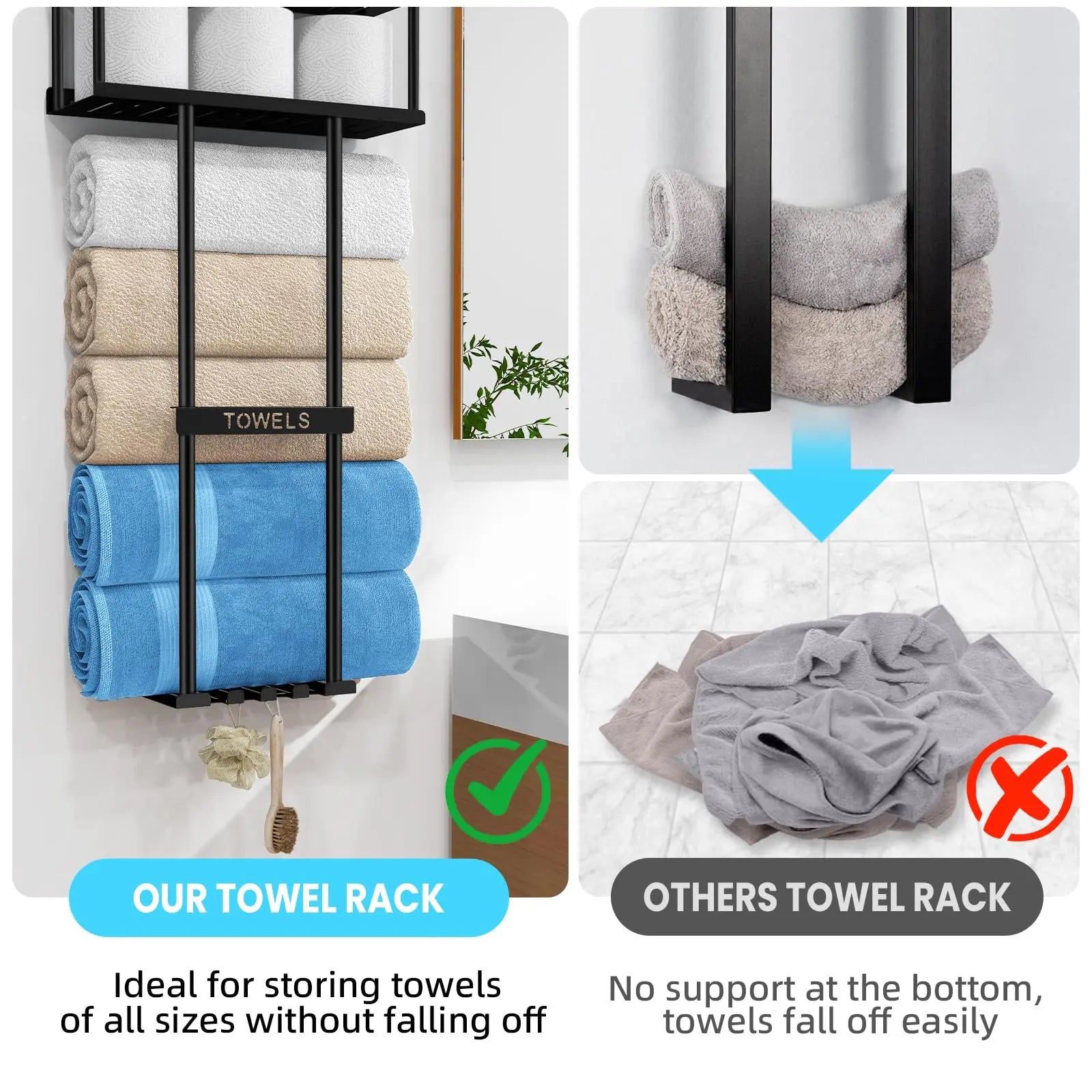 Bathroom Towel Storage Rack, Metal Towel Racks Wall Mounted Can Holds 5 Large Towels, 30.5IN Bathroom Towel Holder with Shelf & Storage Basket, Bathroom Towel Organizer with 3 Hooks, Black