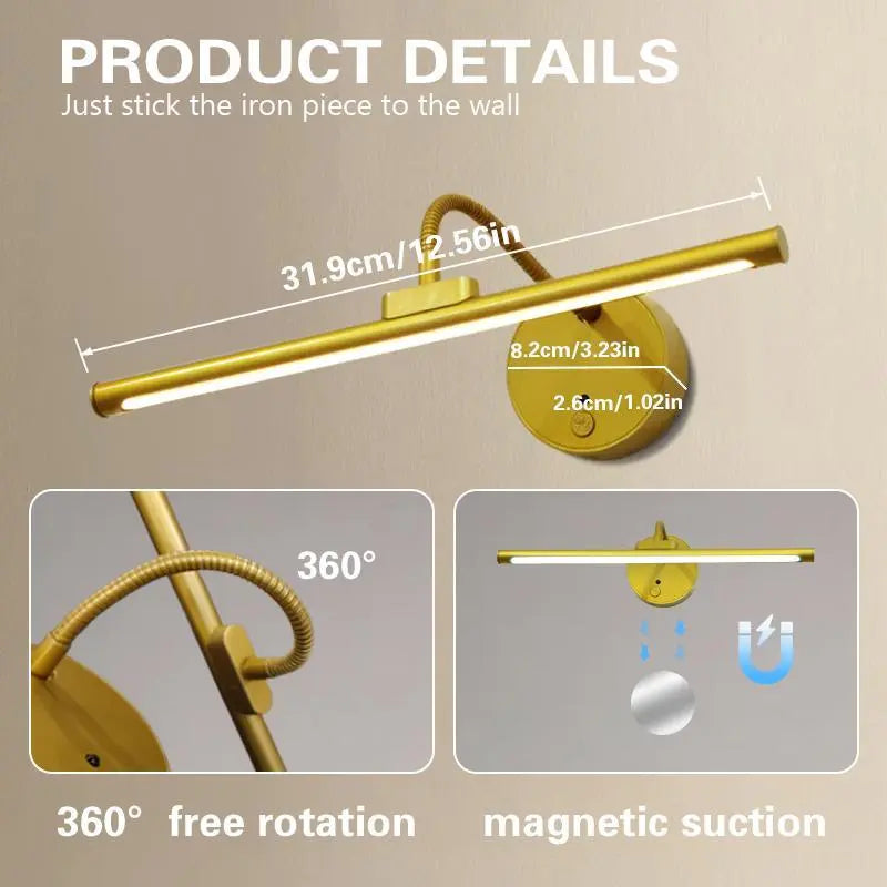 1Pc Adjustable Dimmable Picture Light with Remote Control and Timer, Gold, USB Rechargeable Wall Light, Indoor Lighting, Home Decoration Lamp for Gallery Art, Paintings, Portraits