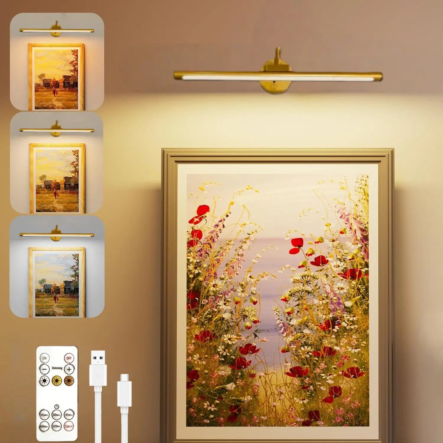 1Pc Adjustable Dimmable Picture Light with Remote Control and Timer, Gold, USB Rechargeable Wall Light, Indoor Lighting, Home Decoration Lamp for Gallery Art, Paintings, Portraits