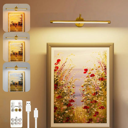 1Pc Adjustable Dimmable Picture Light with Remote Control and Timer, Gold, USB Rechargeable Wall Light, Indoor Lighting, Home Decoration Lamp for Gallery Art, Paintings, Portraits