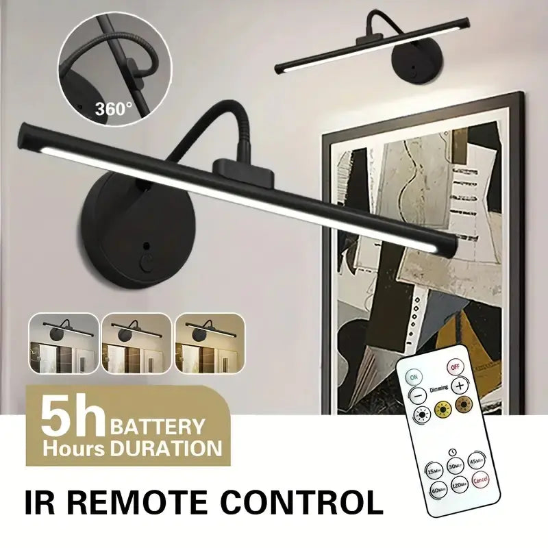 1Pc Adjustable Dimmable Picture Light with Remote Control and Timer, Gold, USB Rechargeable Wall Light, Indoor Lighting, Home Decoration Lamp for Gallery Art, Paintings, Portraits